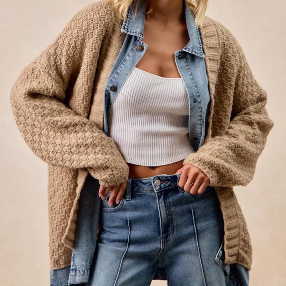 BIBI Long Cardigan Sweater With Washed Denim Jean Patchwork & Knit Button Up